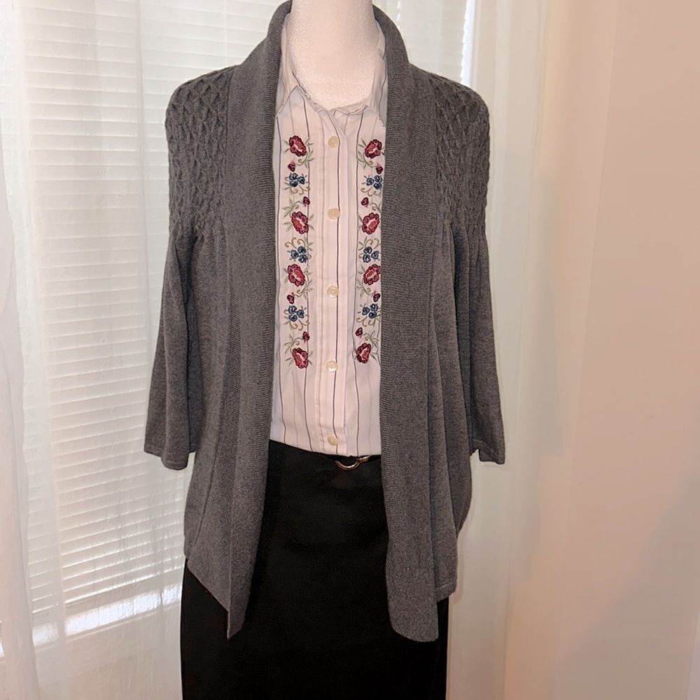 KENAR L Charcoal Gray Knit Open Front Shawl Collar Quarter Sleeve Cardigan